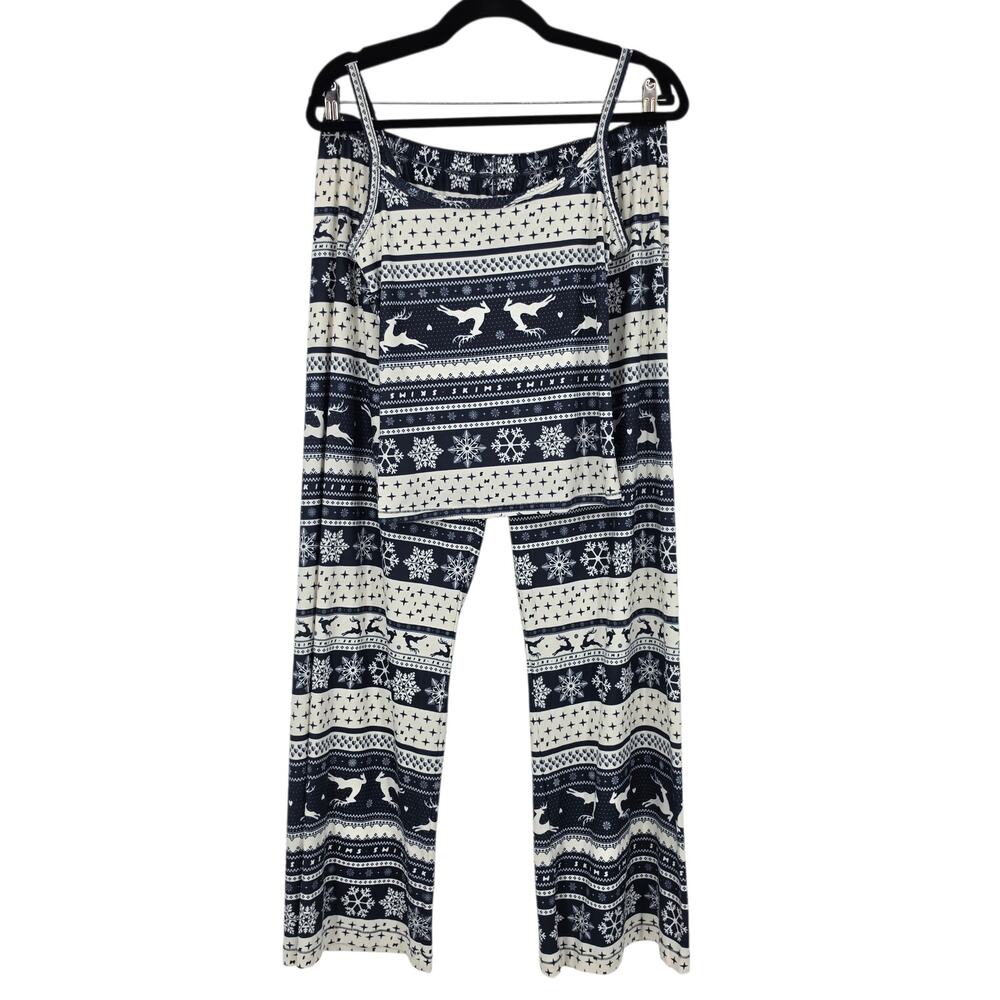 NWT Skims Navy Deer Fairisle Logo Plush Pointelle Cami & Pants Pajama Set Size L